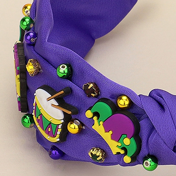 Purple Headband Fleur De Lis Charm Drums Jester Hat Beaded Green Gold Mardi Gras - Picture 5 of 5